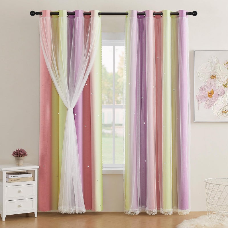 XiDi Star Curtains for Girls Bedroom Kids Decor 2 Panel Set,Blackout for Living Room Curtains Pink PurpleYellow34/63/2 - Image 1