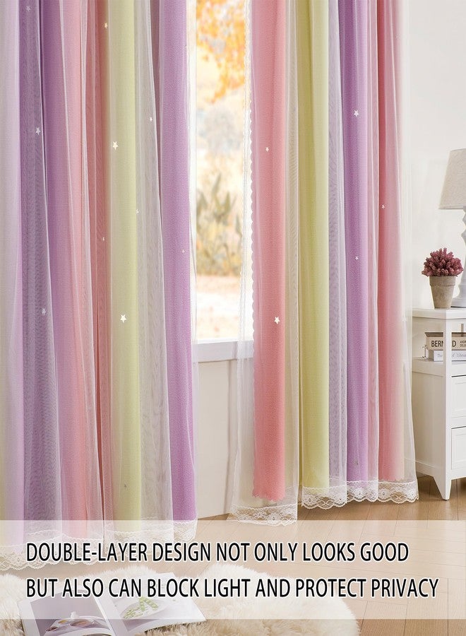 XiDi Star Curtains for Girls Bedroom Kids Decor 2 Panel Set,Blackout for Living Room Curtains Pink PurpleYellow34/63/2 - Image 2