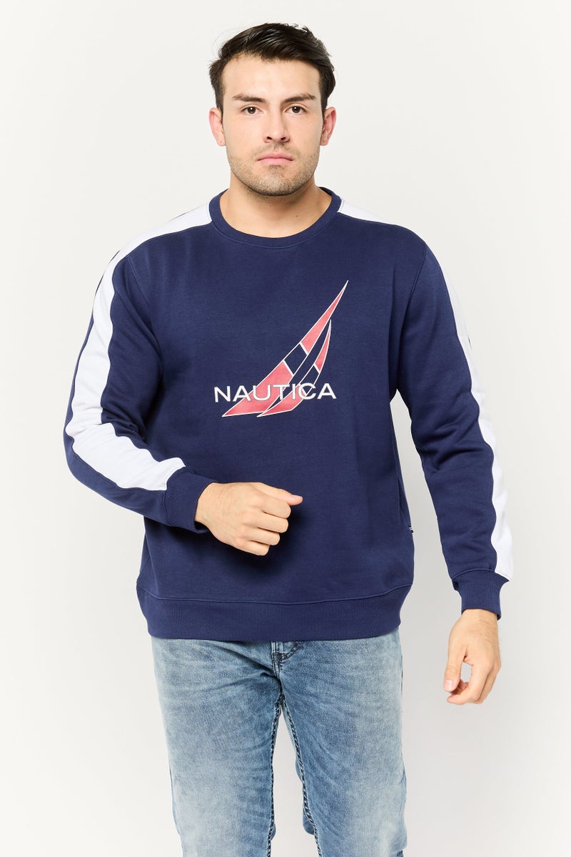 NAUTICA Men Crew Neck Brand Logo Long Sleeves Sweatshirt, Navy/White - Image 1