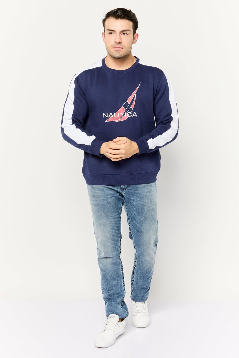 NAUTICA Men Crew Neck Brand Logo Long Sleeves Sweatshirt, Navy/White - Image 3