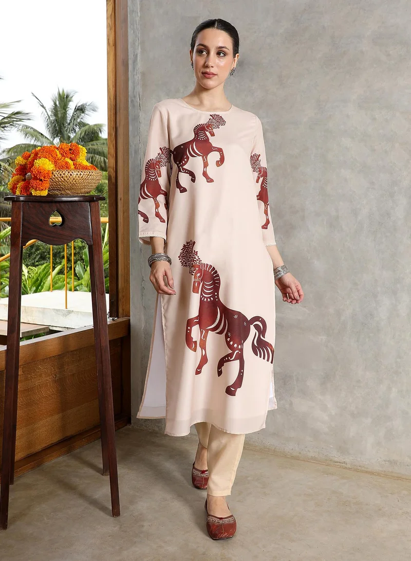 QISSA Women's Chariot-Block Kurta Set For Ethnic Wear | Round Neck, Quarter Regular Sleeves | Graphic Print Plain Woven Fabric | 2 Piece Kurta Set Designed For Casual & Daily Wear | Chocolate Brown