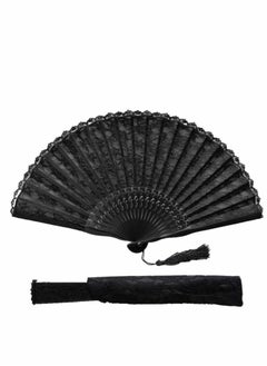 KASTWAVE Hand Fan with Frame, Silk Fabric Bamboo Ribs Handheld Folding Wall Decoration Wedding Party, Lace for Women Girls Gifts, Black  - Image 1