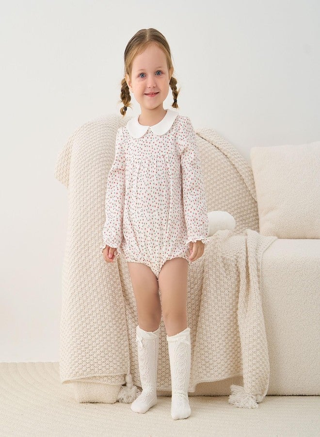 pureborn Baby Girls Bodysuit Peter Pan Collar Bubble Romper Long Sleeve One-Piece Cotton Outfit Pink Flower 6-9 Months - Image 2