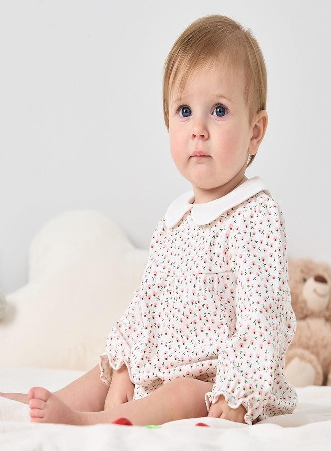 pureborn Baby Girls Bodysuit Peter Pan Collar Bubble Romper Long Sleeve One-Piece Cotton Outfit Pink Flower 6-9 Months - Image 3