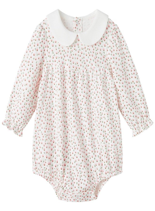 pureborn Baby Girls Bodysuit Peter Pan Collar Bubble Romper Long Sleeve One-Piece Cotton Outfit Pink Flower 6-9 Months - Image 1