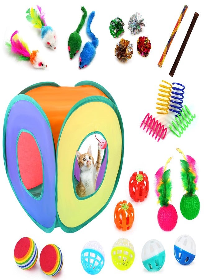 iCAGY 25-Piece Cat Toys Kit with Rainbow Cube Tunnel - Interactive Cat Toy Bundle for Indoor Cats, Kitten Playtime Variety Set Includes Springs, Balls, Mice & Noise Toys - Image 1
