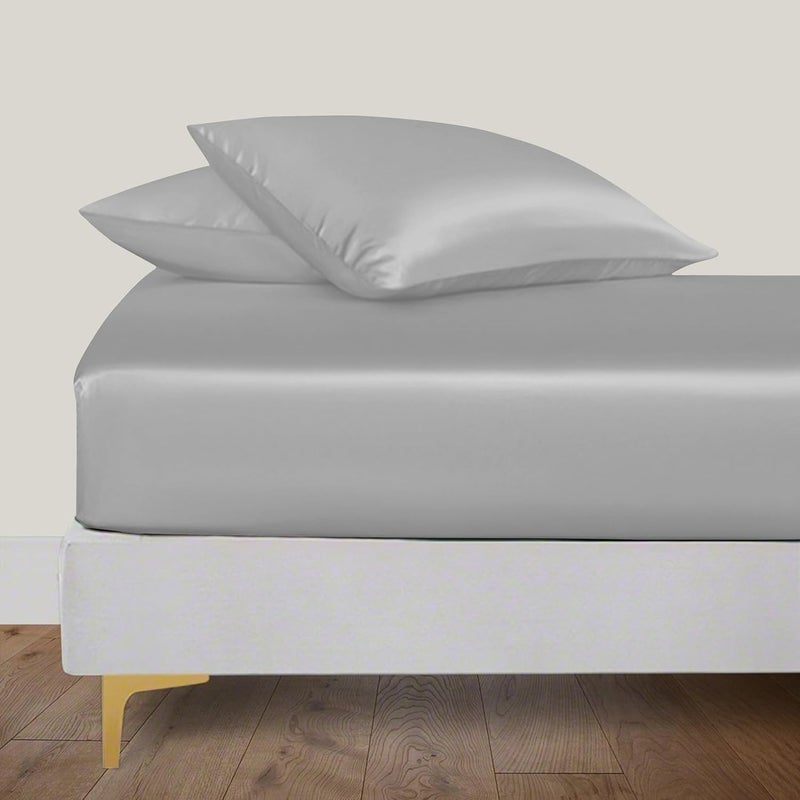 LINENWALAS King Fitted Sheet with Pillowcases, 100% Organic Bamboo Silk Fitted Sheet for Kingsize Bed, Up to 16 Inch (40 cm) Deep Pocket, Soft, Cooling, Bedding Fitted Sheet (King, Light Grey) - Image 1