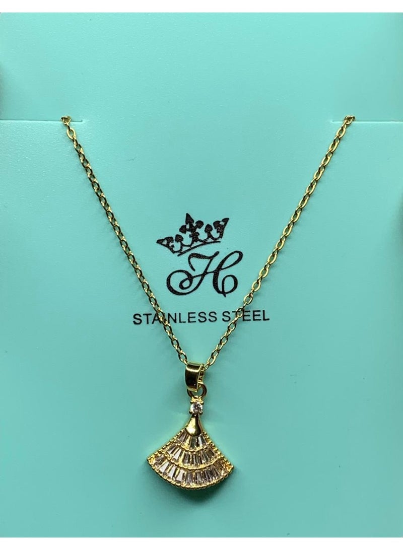 Influence Germany Fan-Shaped Crystal Pendant Necklace – Gold-Tone Stainless Steel - Image 1