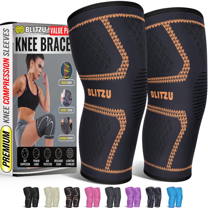 BLITZU Knee Brace for Meniscus Tear 2 Pack, Knee Compression Sleeve for Men and Women, Knee Support for Arthritis, Swelling, Inflammation, ACL, Pain Relief, Running, Workout, Sports and Recovery Orange L - Image 1