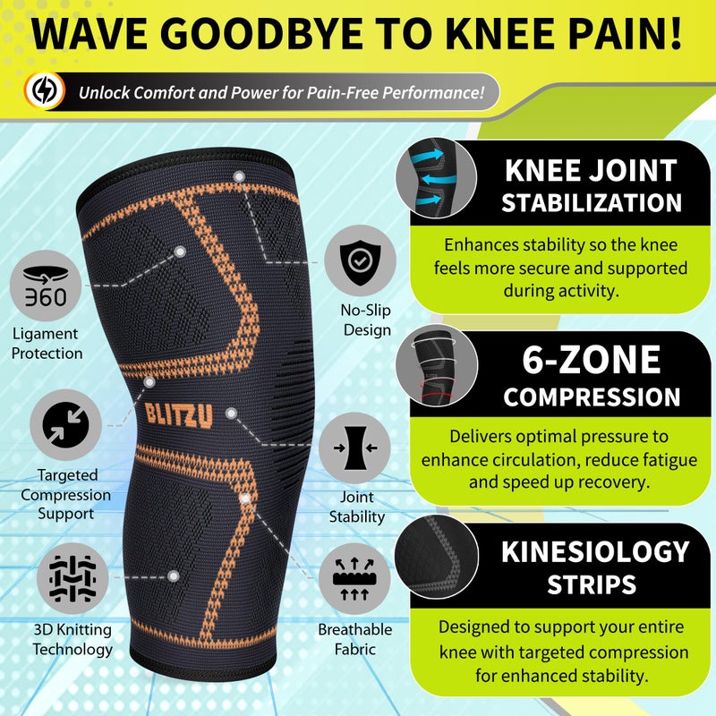 BLITZU Knee Brace for Meniscus Tear 2 Pack, Knee Compression Sleeve for Men and Women, Knee Support for Arthritis, Swelling, Inflammation, ACL, Pain Relief, Running, Workout, Sports and Recovery Orange L - Image 5