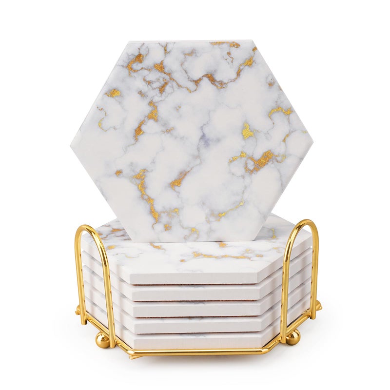 Marble Coasters for Drinks Absorbent with Cork Base 6pcs Drink Coasters for Wooden Table with Metal Holder Gold Ceramic Cup Coaster Set Home Decor for Housewarming Luxury White Gold Marble 06