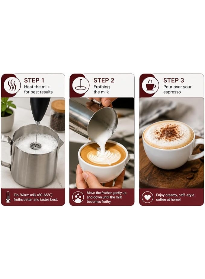 Handheld Electric Milk Frother with Stand | Battery Operated Foam Maker | Stainless Steel Whisk for Coffee, Cappuccino, Latte, Hot Chocolate, Matcha & Egg Beater | Black - Image 3