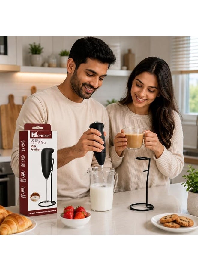 Handheld Electric Milk Frother with Stand | Battery Operated Foam Maker | Stainless Steel Whisk for Coffee, Cappuccino, Latte, Hot Chocolate, Matcha & Egg Beater | Black - Image 4