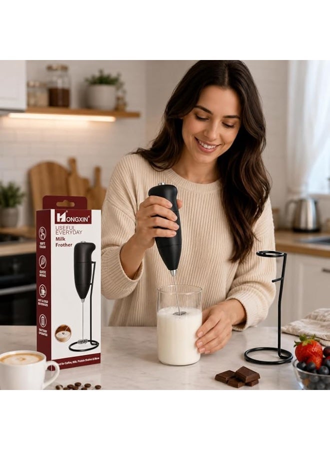 Handheld Electric Milk Frother with Stand | Battery Operated Foam Maker | Stainless Steel Whisk for Coffee, Cappuccino, Latte, Hot Chocolate, Matcha & Egg Beater | Black - Image 2