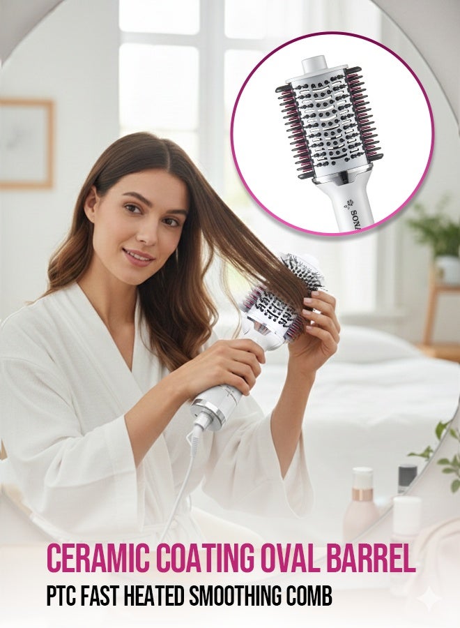 SONASHI 3-in-1 Hot Air Brush with Ceramic Oval Barrel| LED Straightener Indicator & PTC Fast-Heat Comb | 2 Heat & 2 Speed Settings | 1200W DC Motor | 360° Swivel Cord & Soft Brush Bristles for Smooth, Voluminous Styling | SHS-2094 White - Image 3
