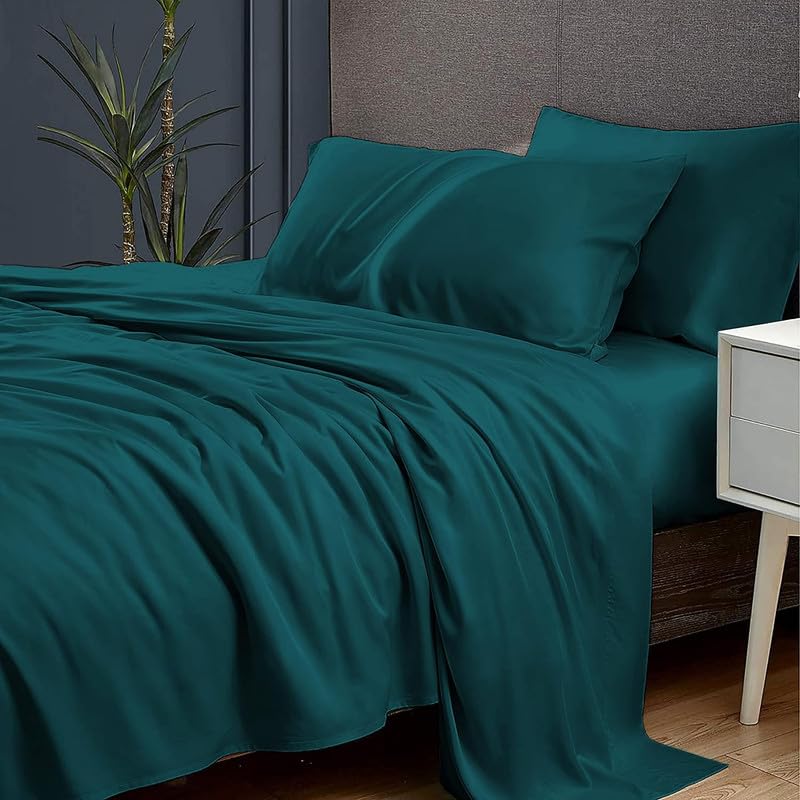 Rajasthan Crafts Polycotton 400 TC 110GSM Brushed Micro Fabric Super Soft Elegant Colors Shrinkage & Fade Resistant Double Bedsheet with 2 Pillow Covers (90x100 Inches, Teal Colour) - Image 1
