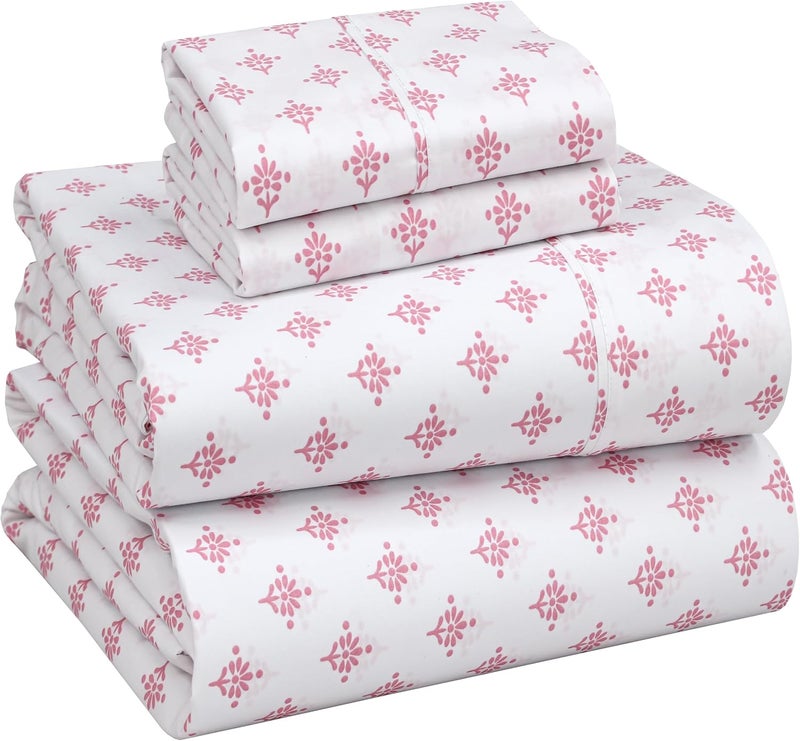 RUVANTI 100% Cotton Percale Sheets King Size, Block Print Motif | Crisp Cooling, Deep Pocket 16", Soft Breathable & Durable, Hotel-Style 4 Piece Set - Image 1