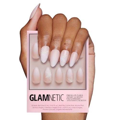 Glamnetic Press On Nails Snowdrift Opaque Gradient Ombre Snowflake Graphic Short Almond Fake Nails in a Matte Finish Salon Quality 15 Sizes 30 Nail Kit - Image 1