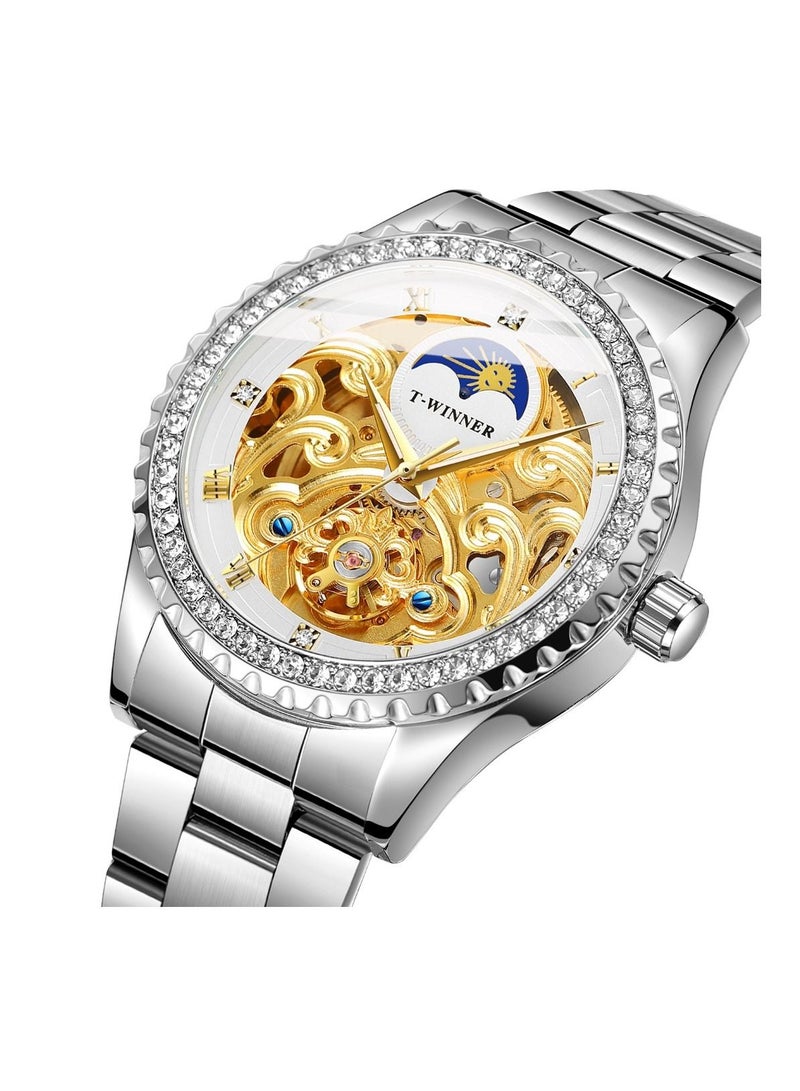 وينر ساعة وينر للرجال ميكانيكية مقاومة للماء لون فضي نقي مع وجه قمر ، وجه ماسي شفاف ، ساعة ستانلس ستيل - Image 2