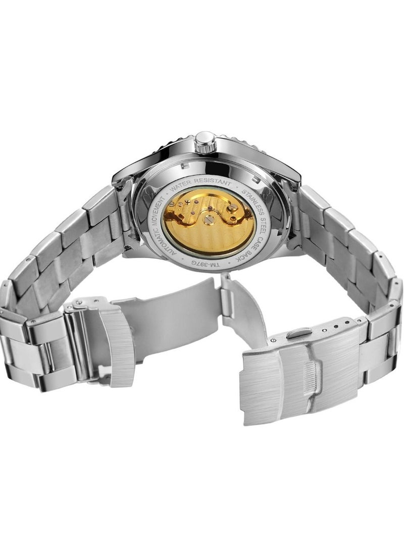 وينر ساعة وينر للرجال ميكانيكية مقاومة للماء لون فضي نقي مع وجه قمر ، وجه ماسي شفاف ، ساعة ستانلس ستيل - Image 3