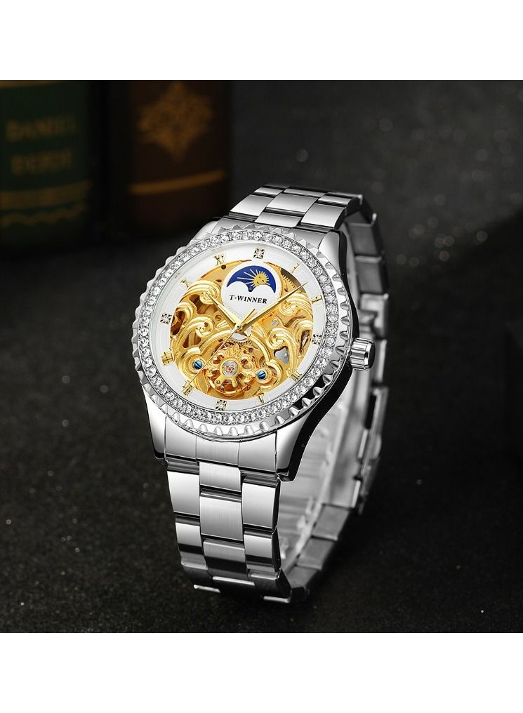 وينر ساعة وينر للرجال ميكانيكية مقاومة للماء لون فضي نقي مع وجه قمر ، وجه ماسي شفاف ، ساعة ستانلس ستيل - Image 4