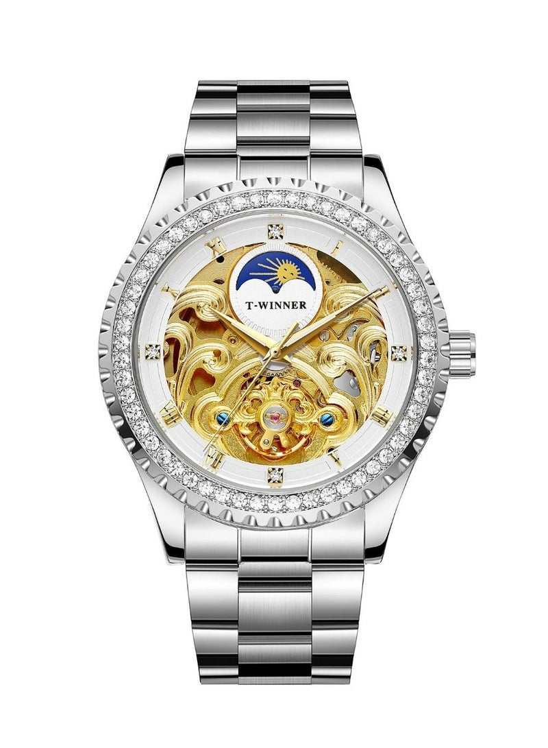 وينر ساعة وينر للرجال ميكانيكية مقاومة للماء لون فضي نقي مع وجه قمر ، وجه ماسي شفاف ، ساعة ستانلس ستيل - Image 1