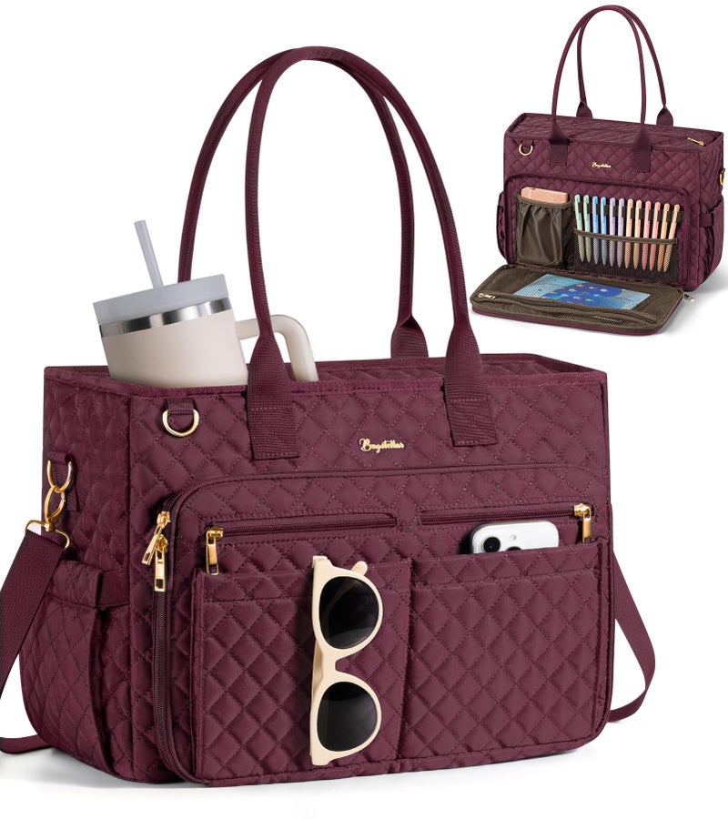 Bagstellar Teacher Tote Bags for Women, 15.6 inch Laptop Work Tote Nurse Bible Bag With Large Cup Holder & Insulated Pocket Quilted Shoulder Handbag Laptop Briefcase for Work, Daily, School, Travel, Gifts - Image 1