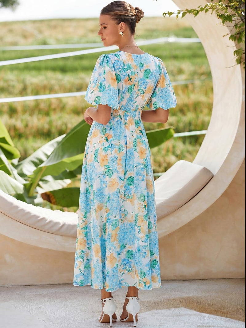 Maxigerui Women's Summer Floral Maxi Dress Spring Wedding Guest Dress 2026 Hydrangea Blue Yellow M - Image 5