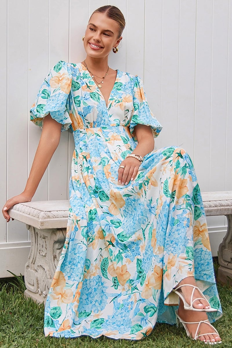 Maxigerui Women's Summer Floral Maxi Dress Spring Wedding Guest Dress 2026 Hydrangea Blue Yellow M - Image 4