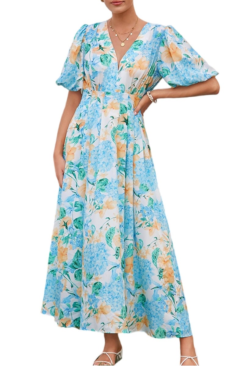 Maxigerui Women's Summer Floral Maxi Dress Spring Wedding Guest Dress 2026 Hydrangea Blue Yellow M - Image 1