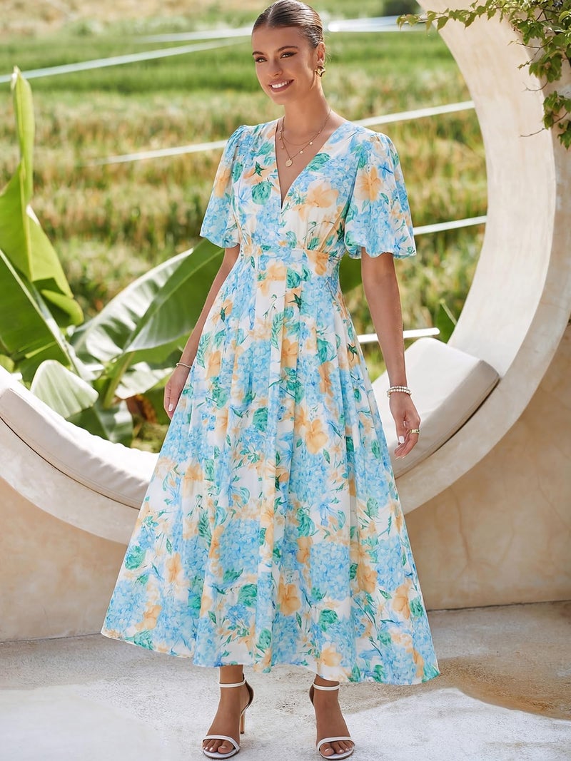 Maxigerui Women's Summer Floral Maxi Dress Spring Wedding Guest Dress 2026 Hydrangea Blue Yellow M - Image 3