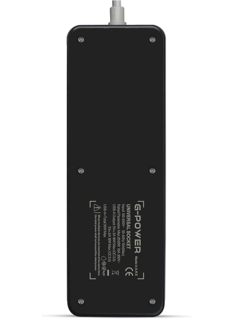 جي باور شريط طاقة للحماية من الحمل الزائد G-Power GP310 يحتوي على مقبس ذكي عالمي وأربعة منافذ USB مع سلك PVC بطول 2 متر 240 فولت كحد أقصى - أسود - Image 3