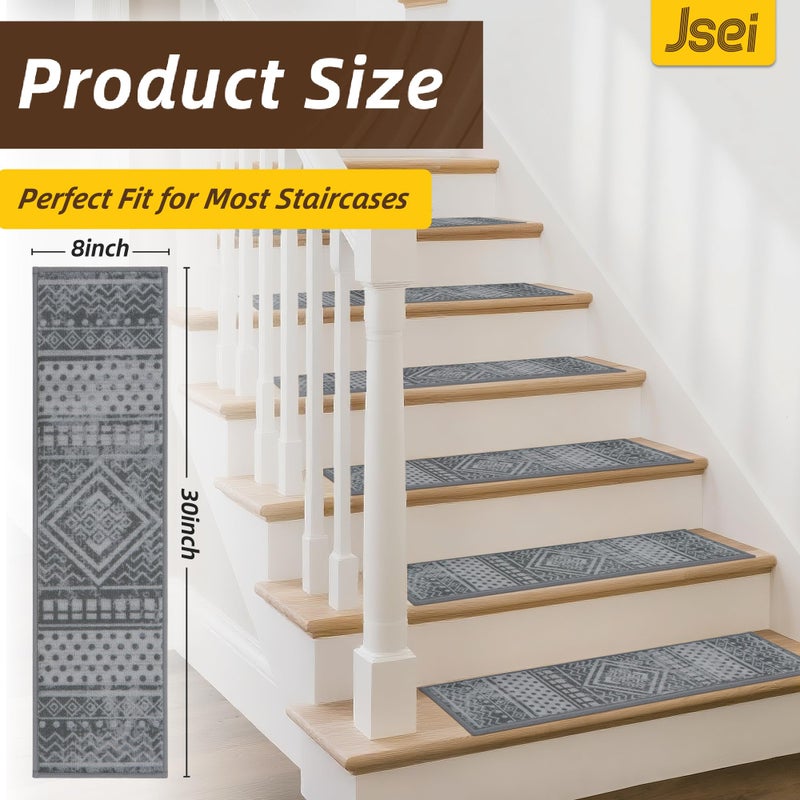 JSEI Stair Treads for Wooden Steps, 15 Pack 8" X 30" Non-Slip Machine Washable Carpet Stair Treads with TPE Backing, Soft Indoor Stair Rug Runner for Kids Elders & Pets, Polyester, Grey/White - Image 2
