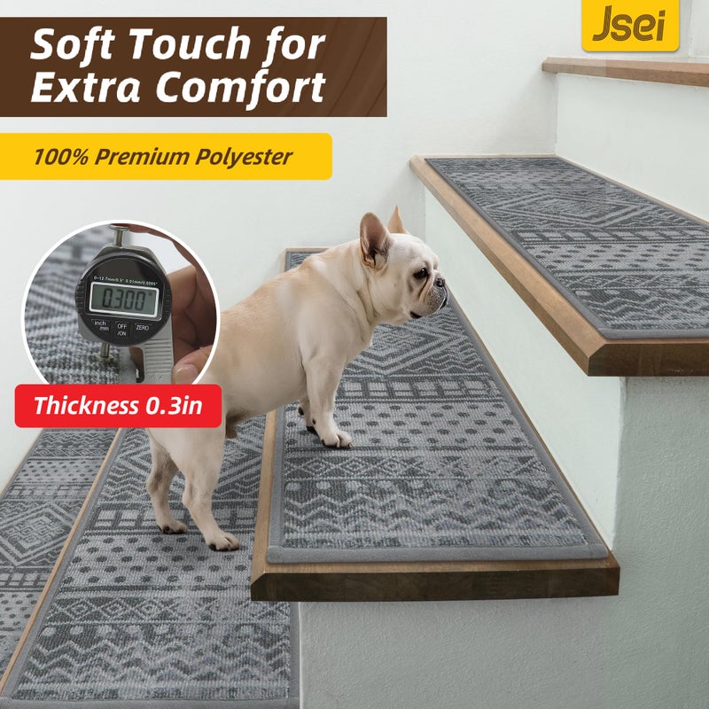 JSEI Stair Treads for Wooden Steps, 15 Pack 8" X 30" Non-Slip Machine Washable Carpet Stair Treads with TPE Backing, Soft Indoor Stair Rug Runner for Kids Elders & Pets, Polyester, Grey/White - Image 3