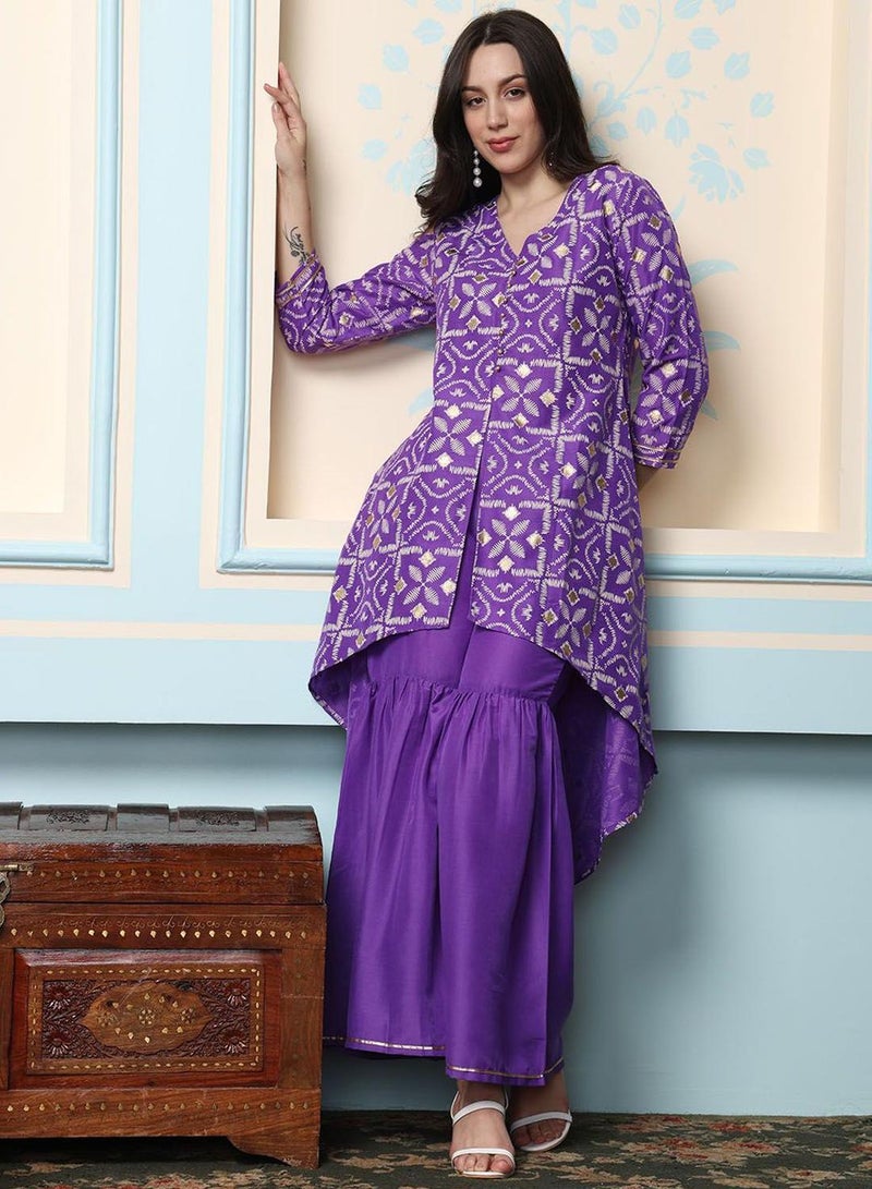 ISHIN Women'S Purple Chiffon Self Design Full Length Palazzo Kurta Set - Image 1
