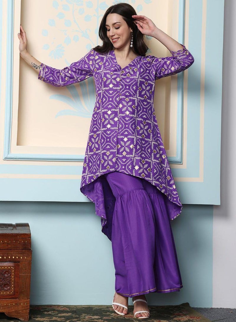 ISHIN Women'S Purple Chiffon Self Design Full Length Palazzo Kurta Set - Image 3