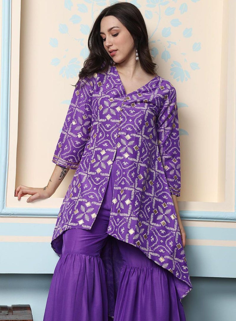 ISHIN Women'S Purple Chiffon Self Design Full Length Palazzo Kurta Set - Image 2