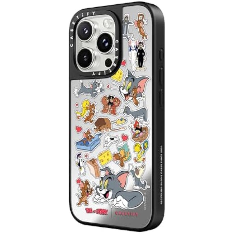 Casetify Mirror Case for iPhone 16 Pro Max 【Tom and Jerry Colab/Reflective / 4.9ft Drop Protection/Compatible with Magsafe】 - Family Sticker - Silver on Black - Image 4