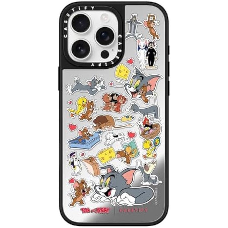 Casetify Mirror Case for iPhone 16 Pro Max 【Tom and Jerry Colab/Reflective / 4.9ft Drop Protection/Compatible with Magsafe】 - Family Sticker - Silver on Black - Image 5