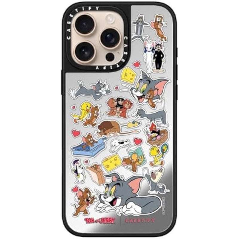 Casetify Mirror Case for iPhone 16 Pro Max 【Tom and Jerry Colab/Reflective / 4.9ft Drop Protection/Compatible with Magsafe】 - Family Sticker - Silver on Black - Image 3