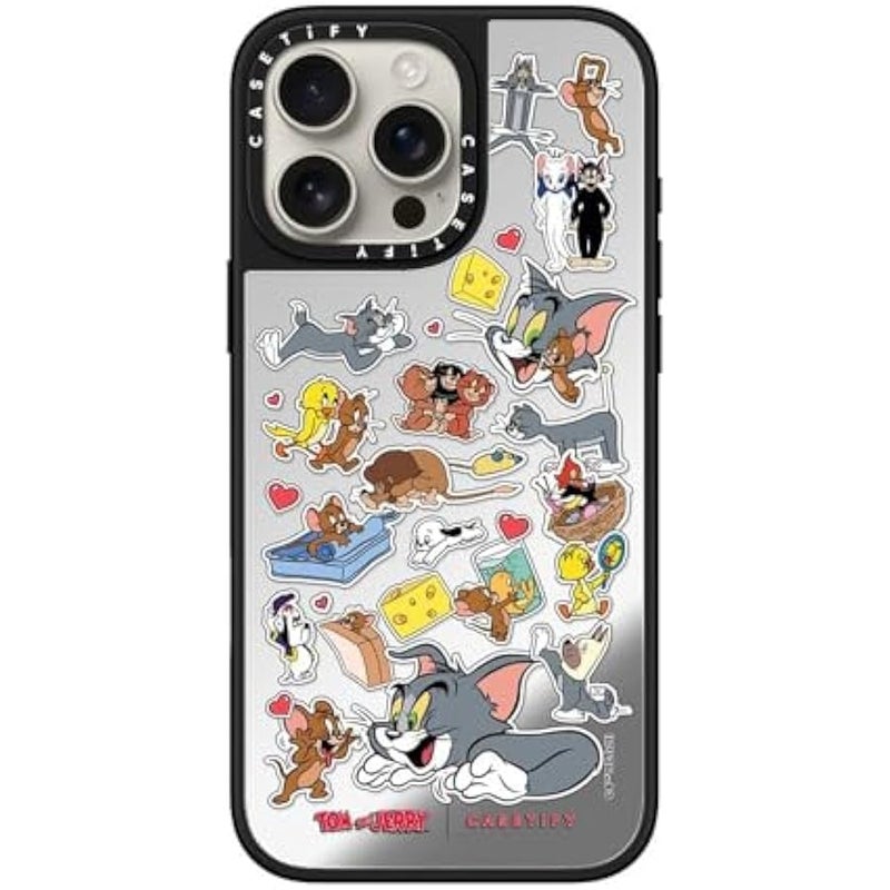 Casetify Mirror Case for iPhone 16 Pro Max 【Tom and Jerry Colab/Reflective / 4.9ft Drop Protection/Compatible with Magsafe】 - Family Sticker - Silver on Black - Image 2