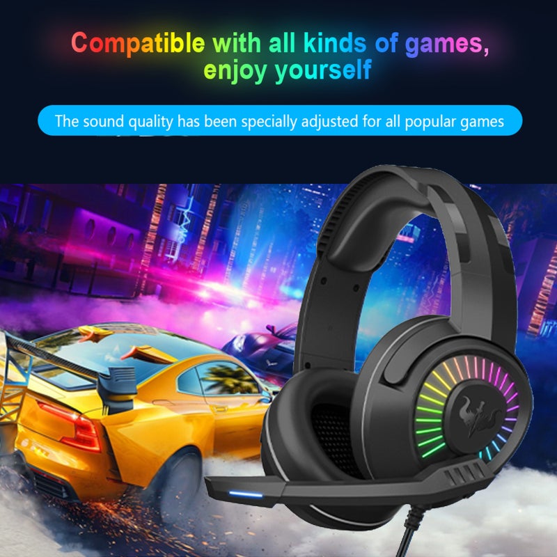 أوفلينج سماعة ألعاب سلكية RGB مع ضوء LED USB ومقبس 3.5 ملم - سماعات رأس محيطية بتقنية الصوت المحيطي مع ميكروفون عازل للضوضاء وتحكم في مستوى الصوت على السلك مناسبة لأجهزة الكمبيوتر واللابتوب وبلاي ستيشن 4 وبلاي ستيشن 5 - Image 2