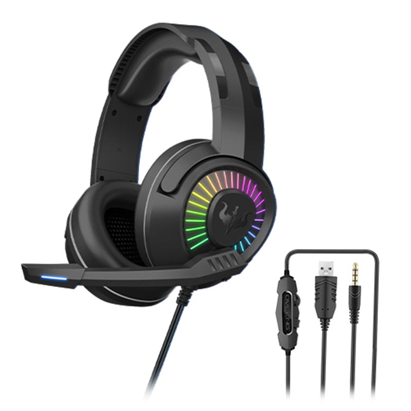 أوفلينج سماعة ألعاب سلكية RGB مع ضوء LED USB ومقبس 3.5 ملم - سماعات رأس محيطية بتقنية الصوت المحيطي مع ميكروفون عازل للضوضاء وتحكم في مستوى الصوت على السلك مناسبة لأجهزة الكمبيوتر واللابتوب وبلاي ستيشن 4 وبلاي ستيشن 5 - Image 1