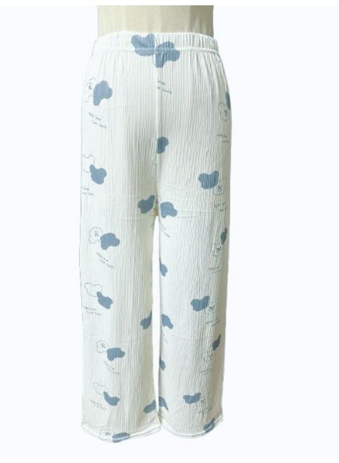 طقم بيجامة نسائي صغير لفصل الربيع والصيف والخريف - بلوزة بأكمام قصيرة ورقبة مربعة بطبعة دب لطيفة مع تفاصيل كشكشة وبنطلون مريح برباط - Image 3