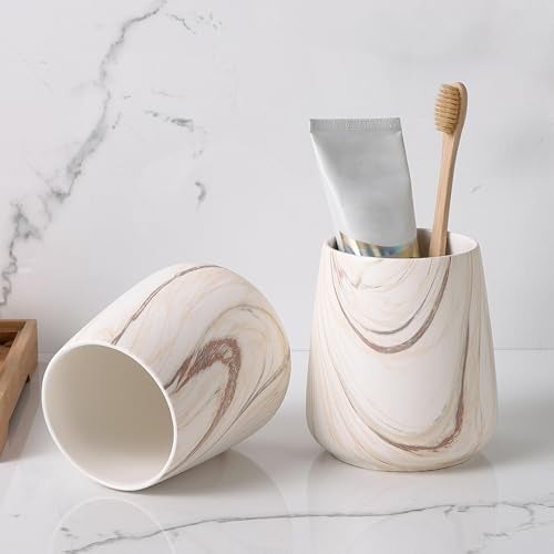 Eyrozia 2Pcs Toothbrush Holder for Bathroom - Marble Brown Ceramic Tooth Brushing Holders Set, Toothbrush Cup & Toothpaste Organizer for Bathroom Countertop, Makeup Brush Holder, Pen Holder for Home Storage - Image 4