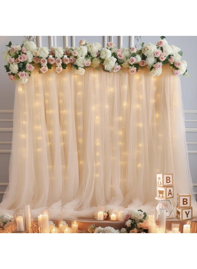 HPMY 1 Set Champagne Tulle Backdrop Curtain with Lights String for Parites, Sheer Backdrop Curtains for Wedding Baby Shower Birthday Party Photo Shoot Decorations（Size: 1.6 × 3 meters, 2 pieces of fabric + 3 × 3 meters of USB light string set ） - Image 4