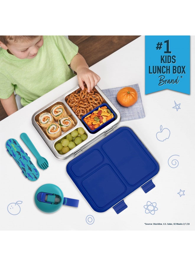 بنتجو Kids Stainless Steel Prints Leak-Resistant Lunch Box - 3-Compartment Bento Style Lunch Box with Bonus Container - Eco-Friendly, Dishwasher Safe, BPA-Free, Ages 3+ (Shark) - Image 2