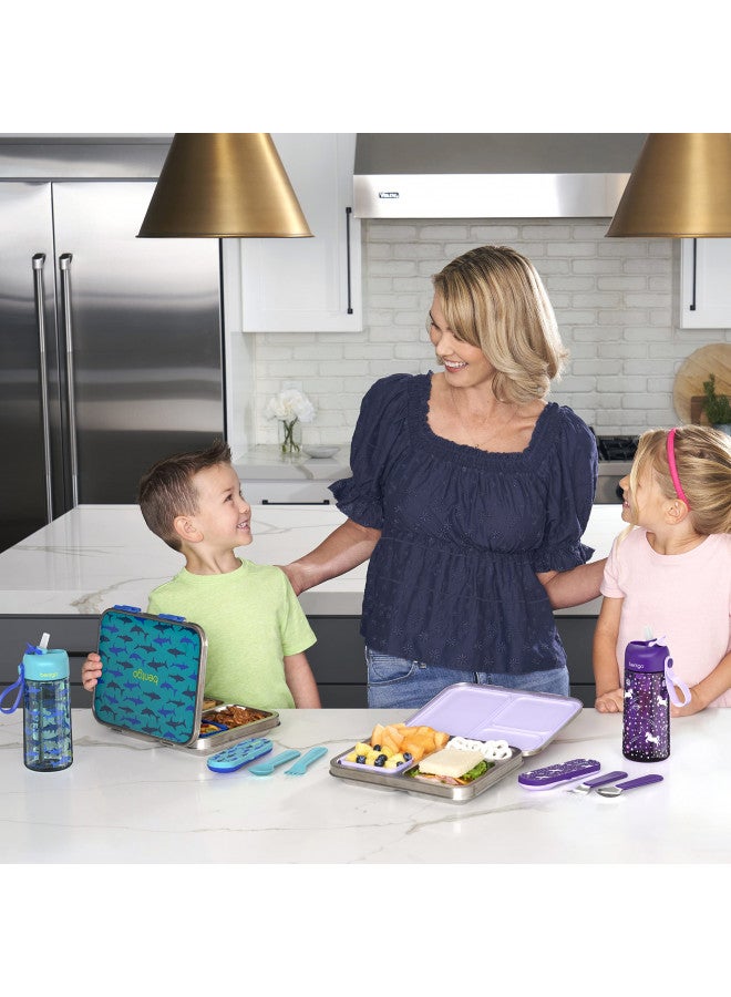 بنتجو Kids Stainless Steel Prints Leak-Resistant Lunch Box - 3-Compartment Bento Style Lunch Box with Bonus Container - Eco-Friendly, Dishwasher Safe, BPA-Free, Ages 3+ (Shark) - Image 3