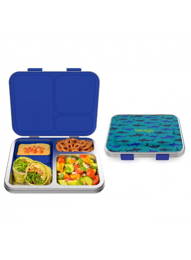 بنتجو Kids Stainless Steel Prints Leak-Resistant Lunch Box - 3-Compartment Bento Style Lunch Box with Bonus Container - Eco-Friendly, Dishwasher Safe, BPA-Free, Ages 3+ (Shark) - Image 1