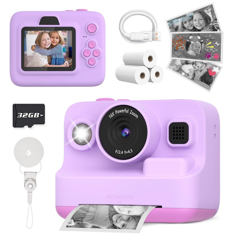 Yehtta Instant Print Camera for Kids, Christmas Birthday Gifts for 3-12 Year Old Girls Boys, 2.4in Screen 1080P Video Digital Camera Toys for Kids Age 4 5 6 7 8 9 10 with 3 Rolls Print Paper 32G Card - Image 1